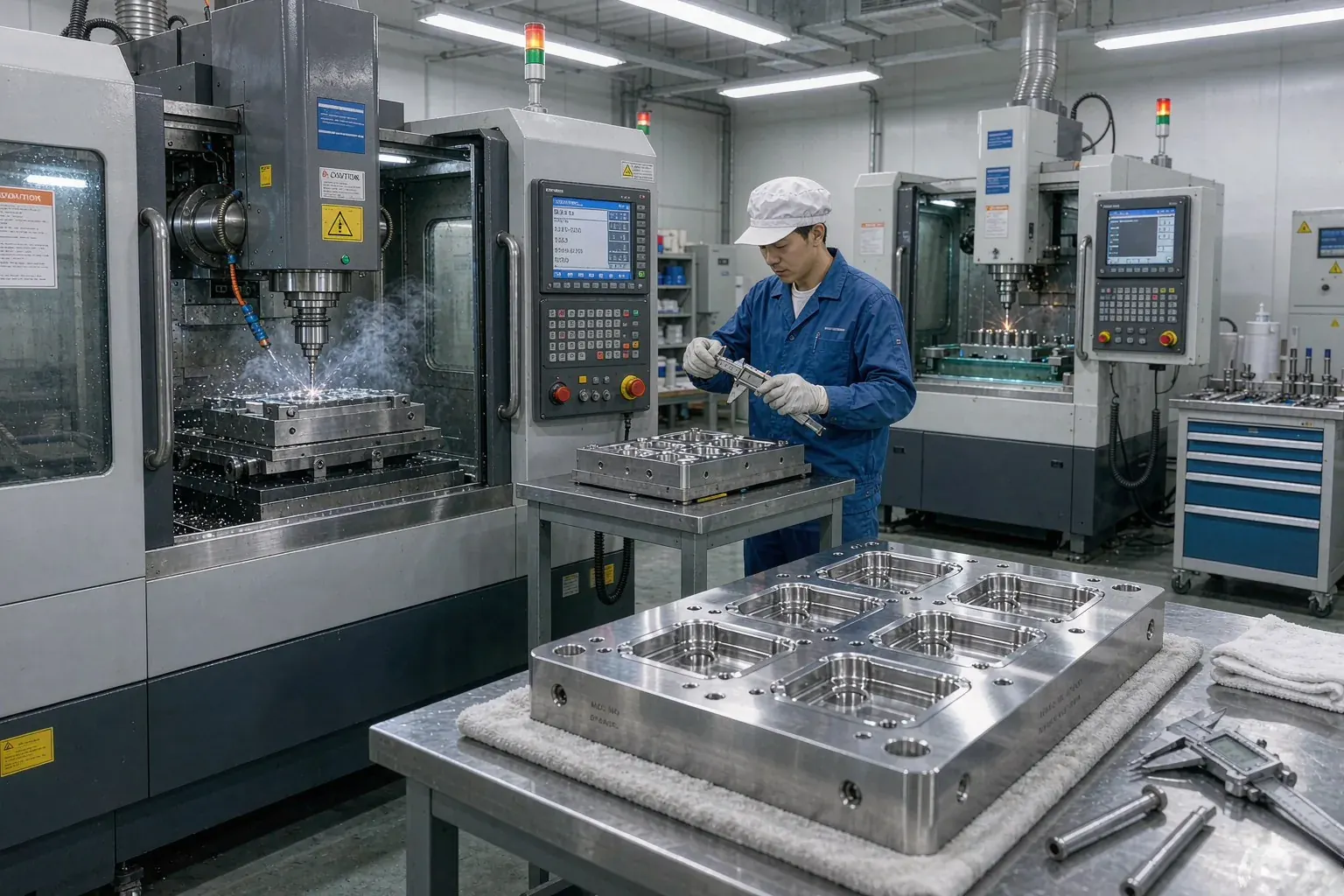CNC machining center cutting a precision steel silicone mold at CYES tooling workshop
